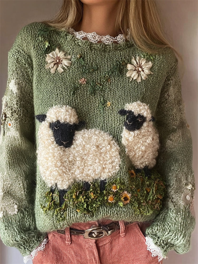 Vintage Fuzzy Sheep Floral Embroidered Cozy Knit Sweater artswardrobe