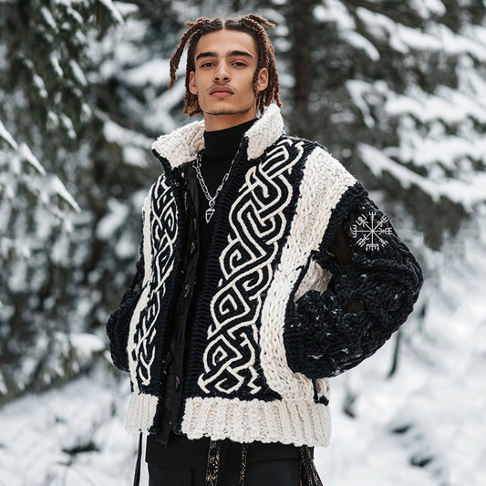 Men's Viking Tribal Geometry Jacquard Celtic Knit Cardigan Sweater artswardrobe