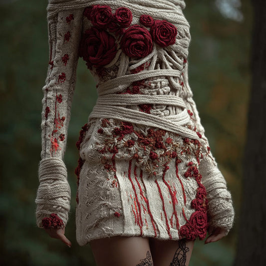 Women's Halloween Skeleton Rose Art Mini Round Neck Dress artswardrobe
