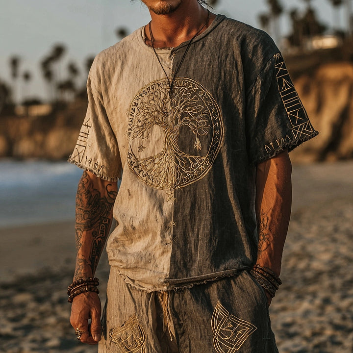 Men's Retro Tree Of Life Design Two-color Linen T-shirt artswardrobe