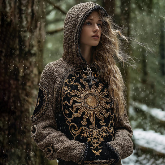 Women's Contrast Color 3d Star And Moon Embroidery Knitted Hoodie artswardrobe