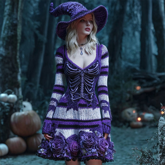 Halloween Skeleton Floral Stripe Art Women's Knit V-neck Mini Dress artswardrobe