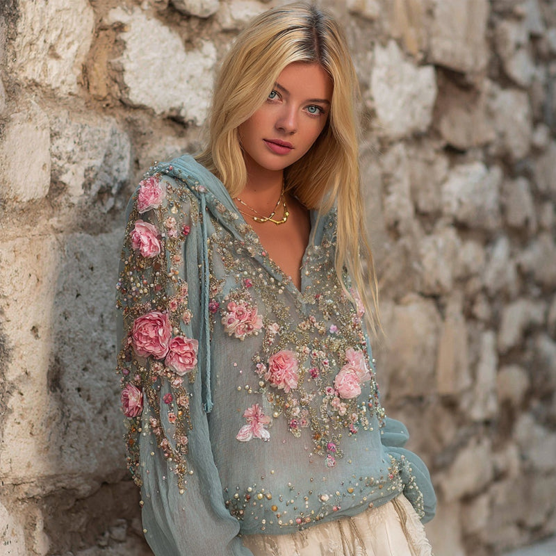 Comstylish Vintage Boho Pink Flowers Embroidered Cozy Linen Hoodie