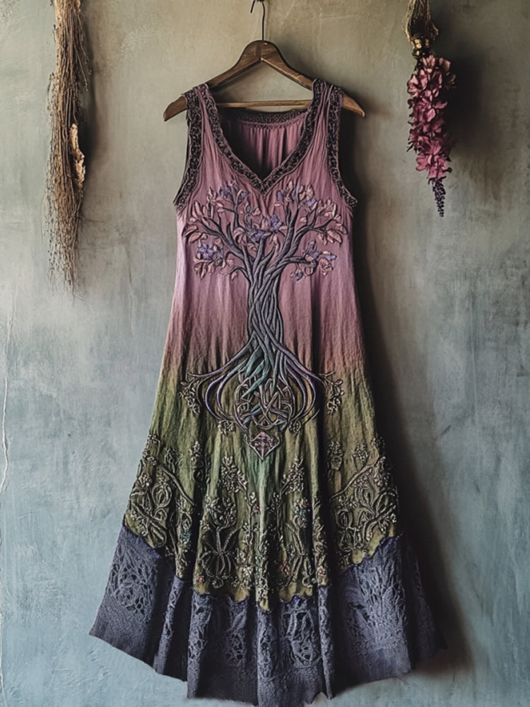 Vintage Viking Tribal Celtic Knot Life Of Tree Lace Patchwork Art Linen Tank Dress artswardrobe