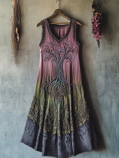 Vintage Viking Tribal Celtic Knot Life Of Tree Lace Patchwork Art Linen Tank Dress artswardrobe