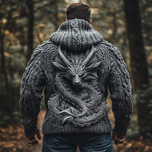 Men's Dragon Viking Chunky Knit Hooded Sweater artswardrobe