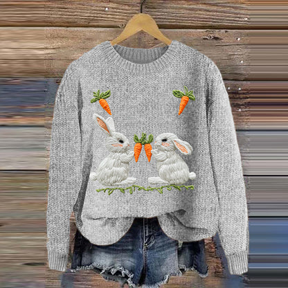 Women's Cute Bunny And Radish Print Round Neck Sweater artswardrobe