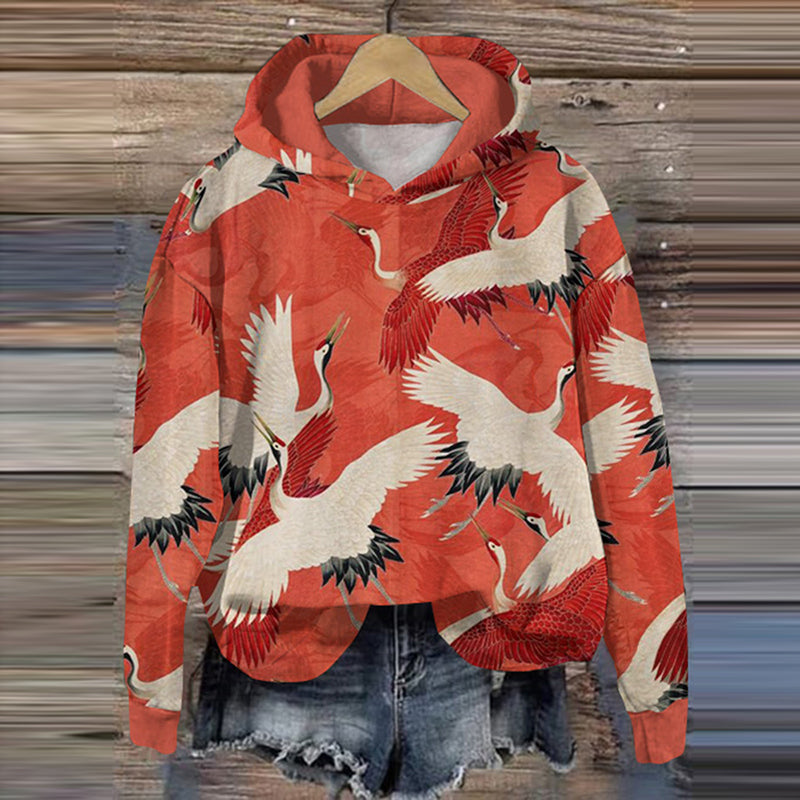 Comstylish Japanese Art Crane Print Casual Hoodie