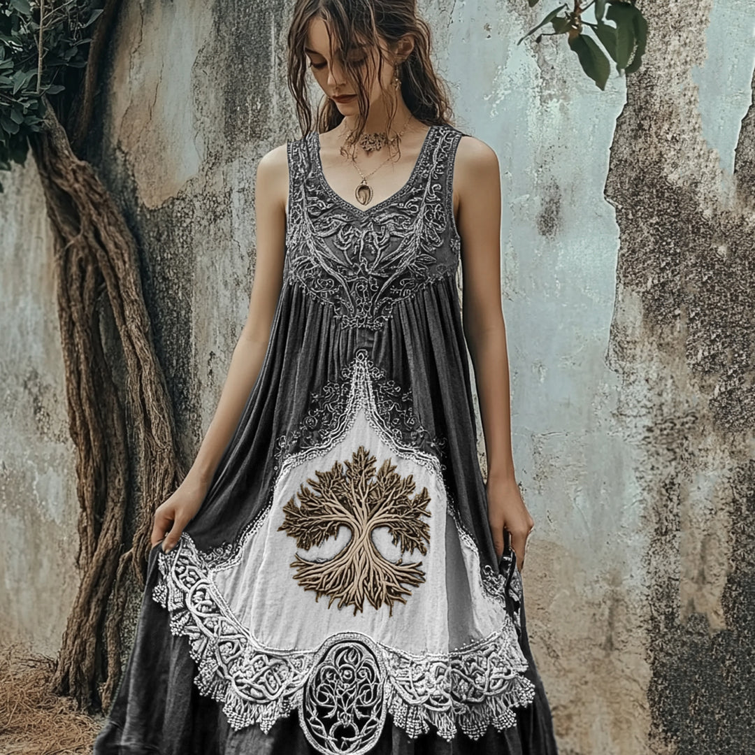 Vintage Tribal Viking Tree Of Life Celtic Knot Linen Blend Tank Midi Dress artswardrobe