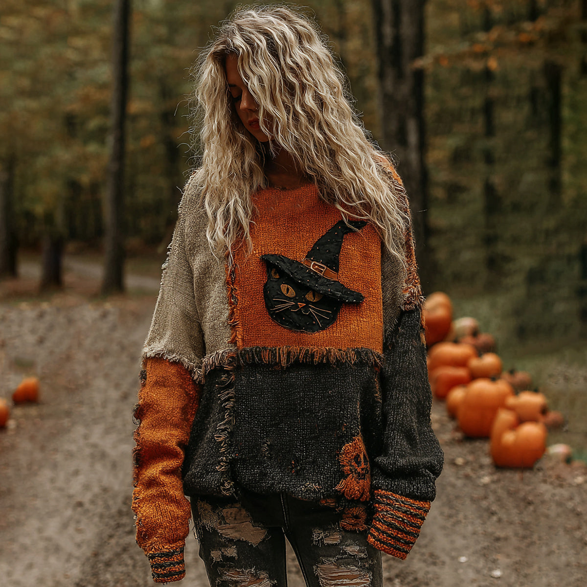 Halloween Pumpkin Witch Cat Face Art Cozy Knit Sweater