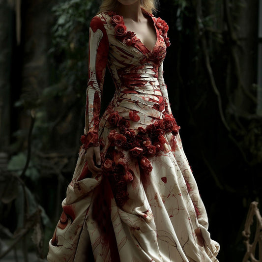 Comstylish Women's Vintage Rose Bloody Bride Bandage Inspired Halloween Maxi Dress