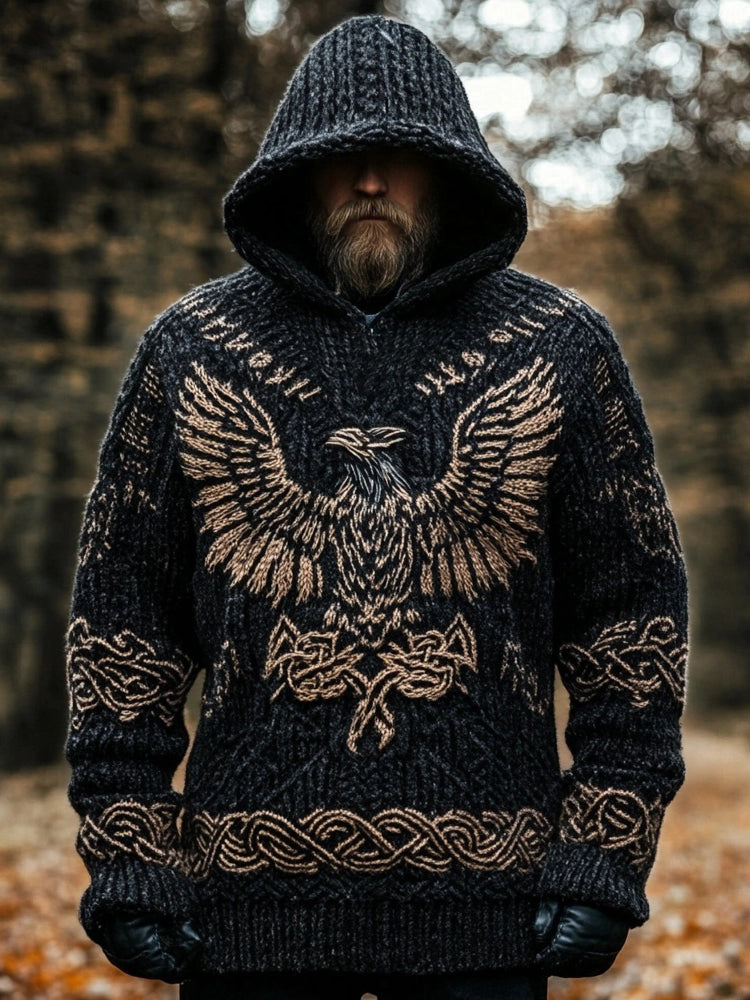 Men's Viking Raven Inspired Jacquard Cozy Hooded Sweater artswardrobe