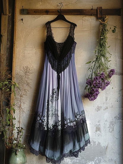 Boho Floral Embroidered Pattern Lace Patchwork Art Linen Dress artswardrobe