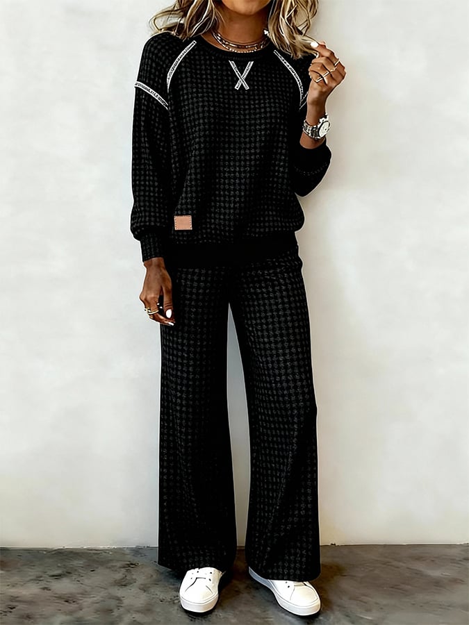 Women's Casual Round Neck Waffle Gown Sports Two-Piece Set 