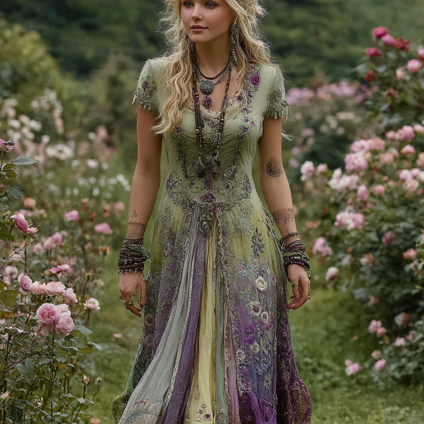 Vintage Gradient Purple Floral Embroidered Linen Casual Maxi Dress artswardrobe