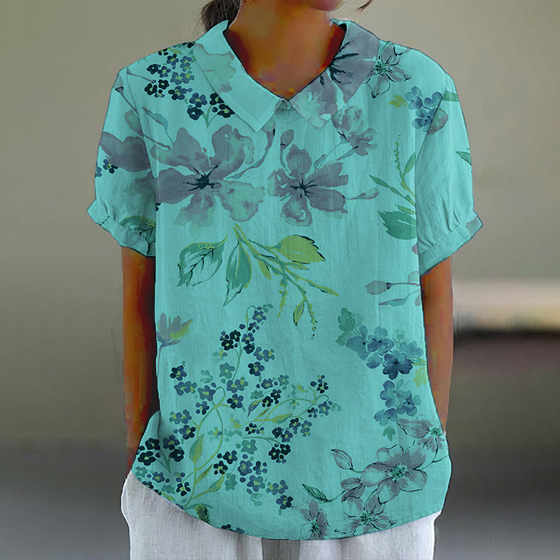 Comstylish Elegant Floral Art Print Casual Cotton Linen Shirt