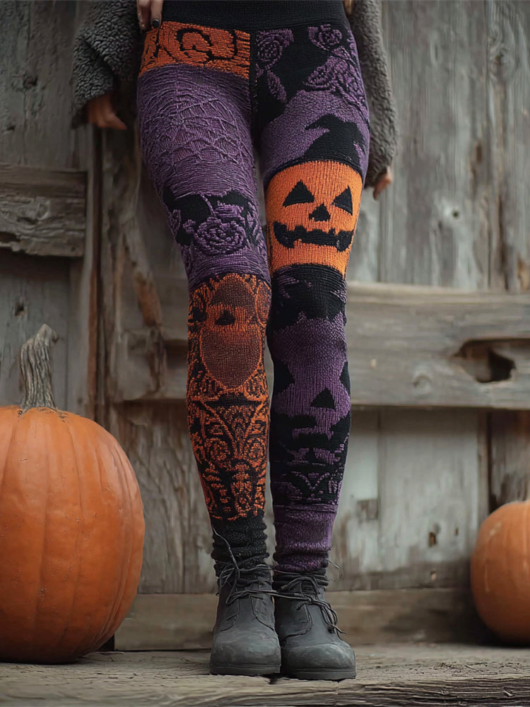 Halloween Pumpkin Emoji Spider Web Patchwork Women's Knit Leggings artswardrobe