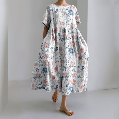 Comstylish Women's Pastoral Floral Art Print Casual Cotton Linen Midi Dress