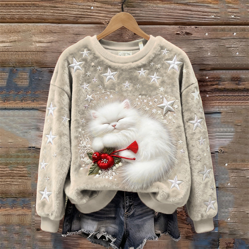 Comstylish Christmas Sleeping Fuzzy Cat Stars Embroidered Cozy Plush Sweatshirt