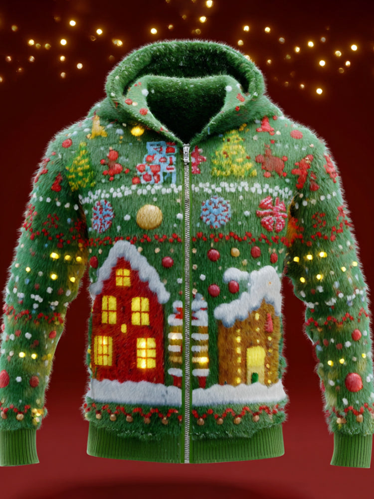 Comstylish Christmas Christmas House Decoration Zipper Sweater Green Hooded Cardigan