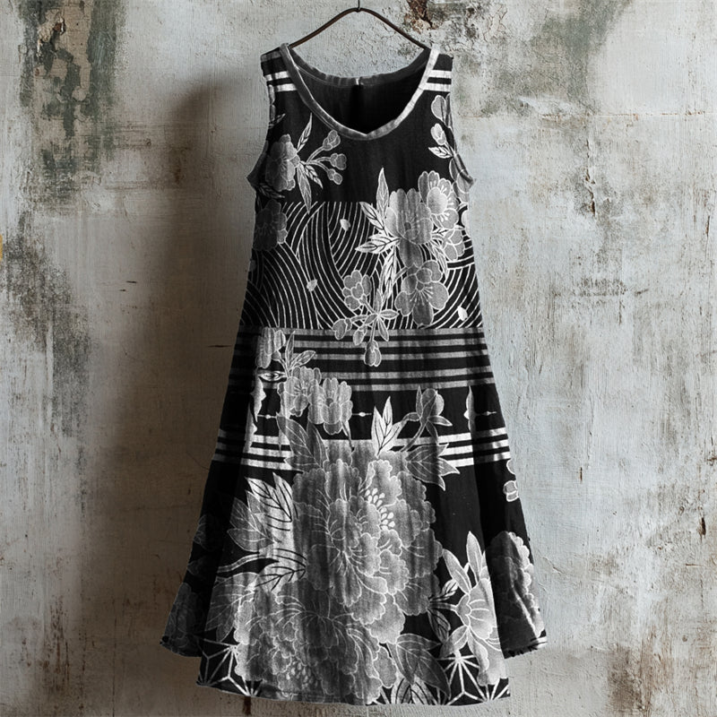 Comstylish Floral Japanese Traditional Pattern Linen Tank Dress