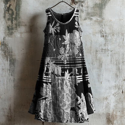 Comstylish Floral Japanese Traditional Pattern Linen Tank Dress