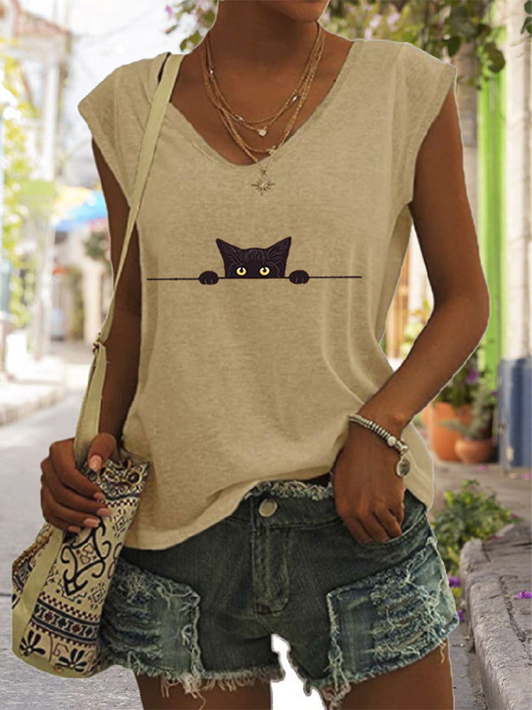 Comstylish Women's Casual Black Cat Print Vest