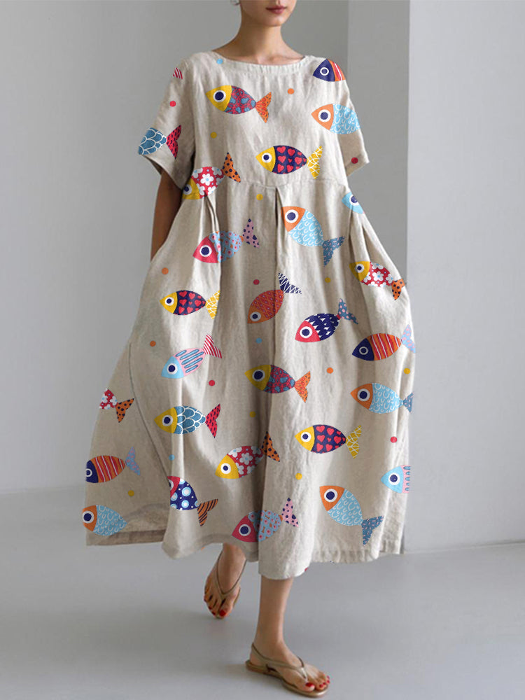 Comstylish Colorful Fish Pattern Linen Blend Dress