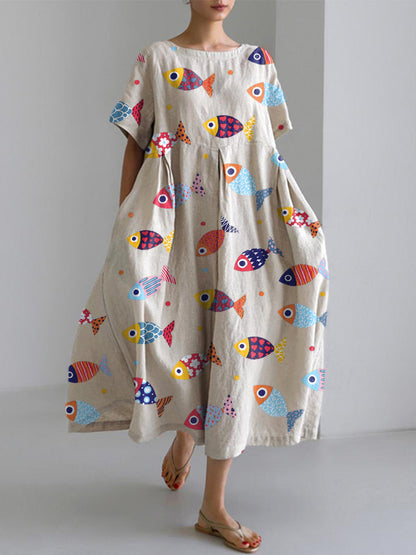 Comstylish Colorful Fish Pattern Linen Blend Dress