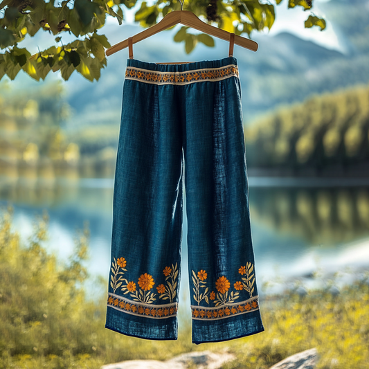 Vintage Embroidered Flower Linen Blend Wide Leg Casual Pants artswardrobe