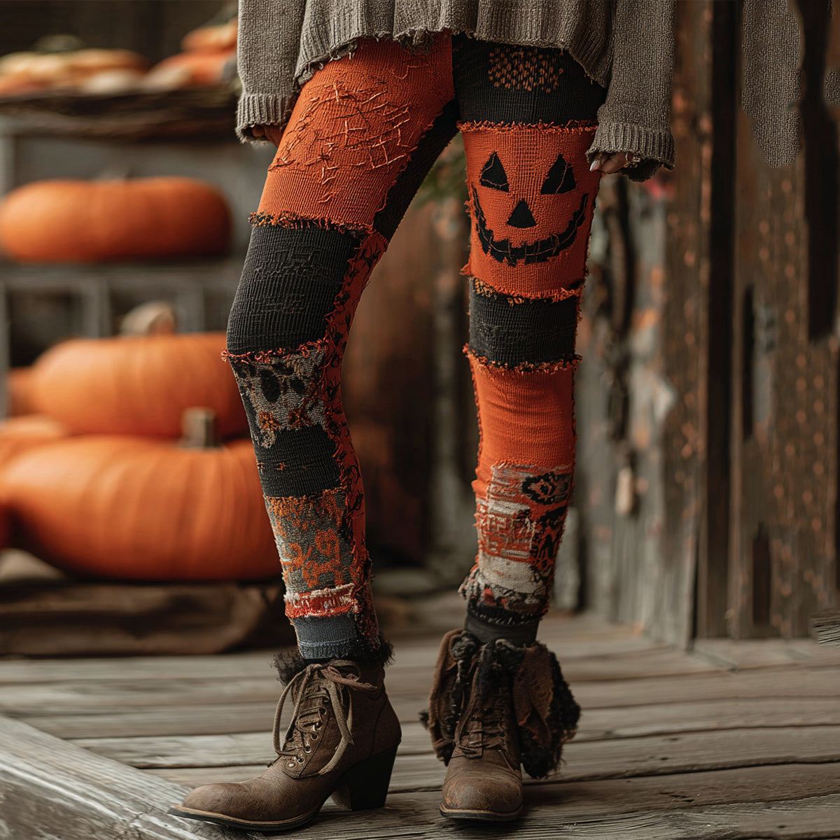 Vintage Patchwork Halloween Pumpkin Face Art Stitched Cozy Knit Leggings artswardrobe