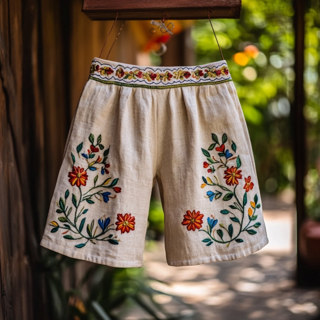 Vintage Floral Embroidered Casual Linen Shorts artswardrobe