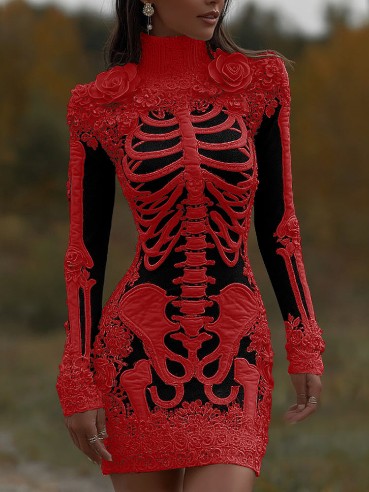 Comstylish Comstylish Women's Halloween Skeleton Bones With Rose Art Cozy Knit Turtleneck Mini Sweater Dress