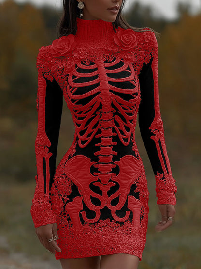 Comstylish Comstylish Women's Halloween Skeleton Bones With Rose Art Cozy Knit Turtleneck Mini Sweater Dress