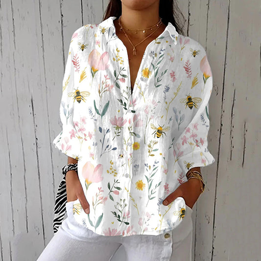 Comstylish Women's Vintage Bee Floral Art Print Casual Linen V-neck Shirt