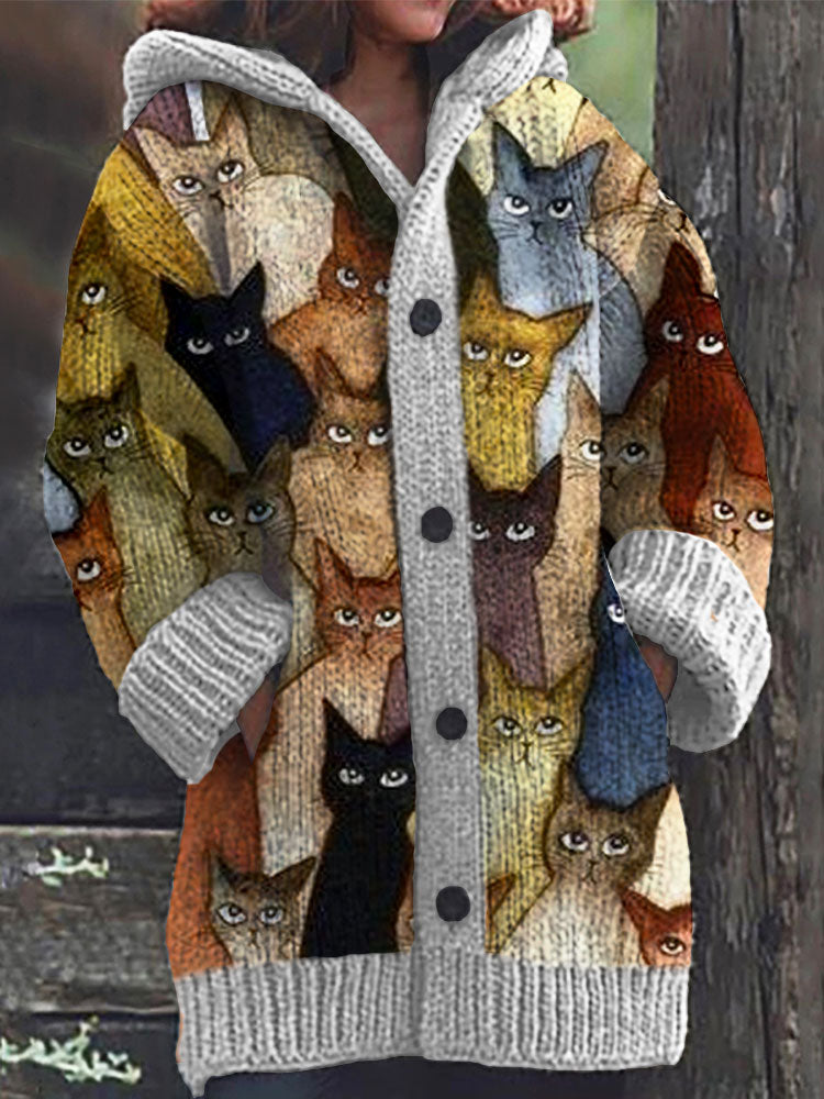 Colorful Cats Pattern Cozy Hooded Cardigan elevenforest