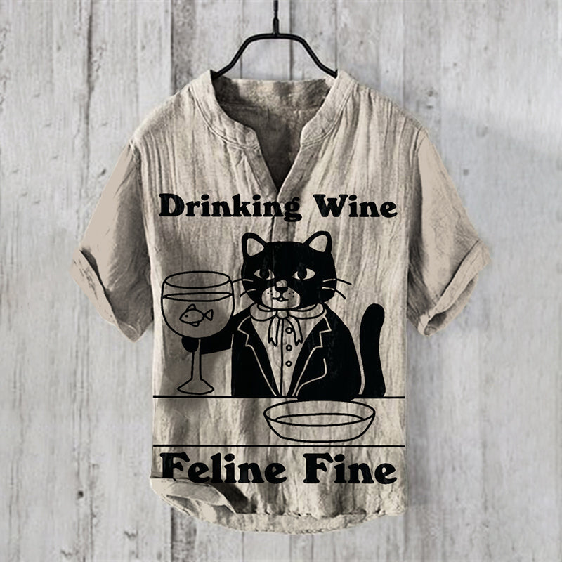 Retro Drinking Wine Feline Fine Cat Art Pattern Linen Blend Shirt elevenforest