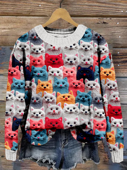 Comstylish Colorful Cute Cats Embroidered Cozy Sweater
