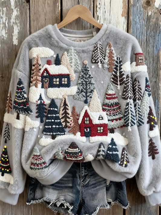 Christmas Snowy Town Scenery Fuzzy Plush Sweatshirt