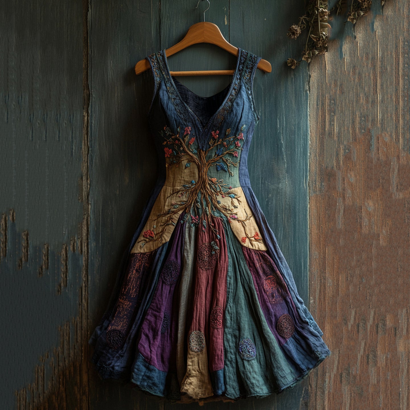 Women's Viking Celtic Knot Art Tree Of Life Patchwork Linen Midi Dress artswardrobe