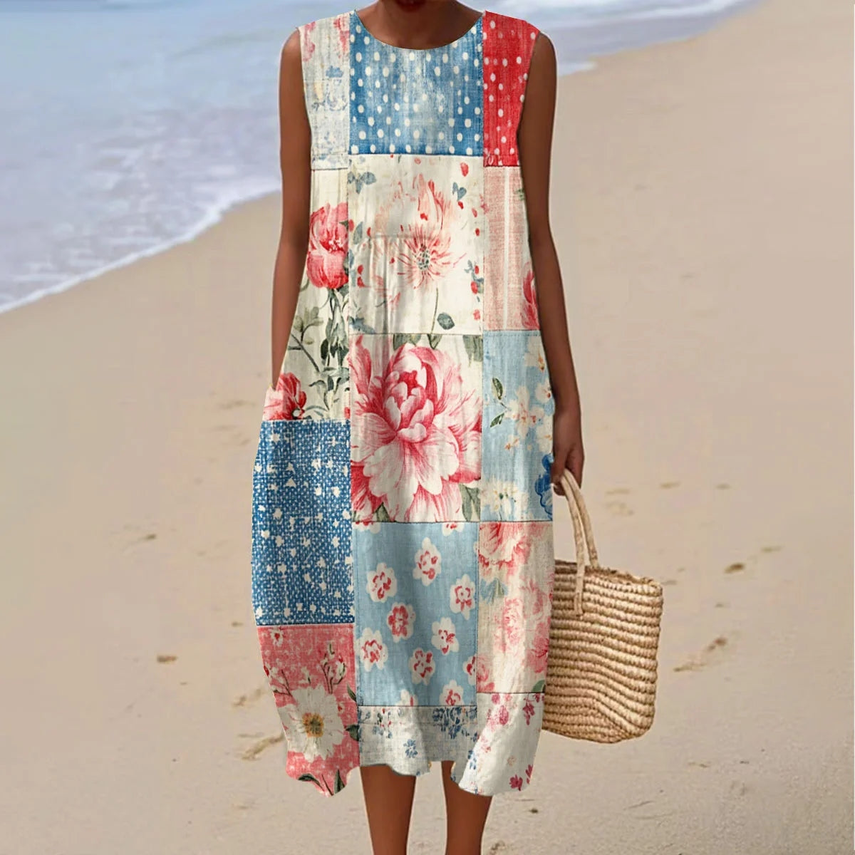 Women's Vintage Floral Print Design Midi Tank Dress artswardrobe