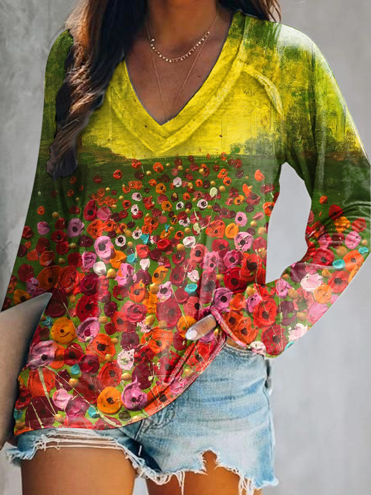 Women's Casual Floral Art Print V Neck Long Sleeve Tops