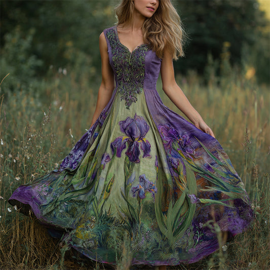 Oil Painting Purple Irises Embroidered Linen Maxi Dress