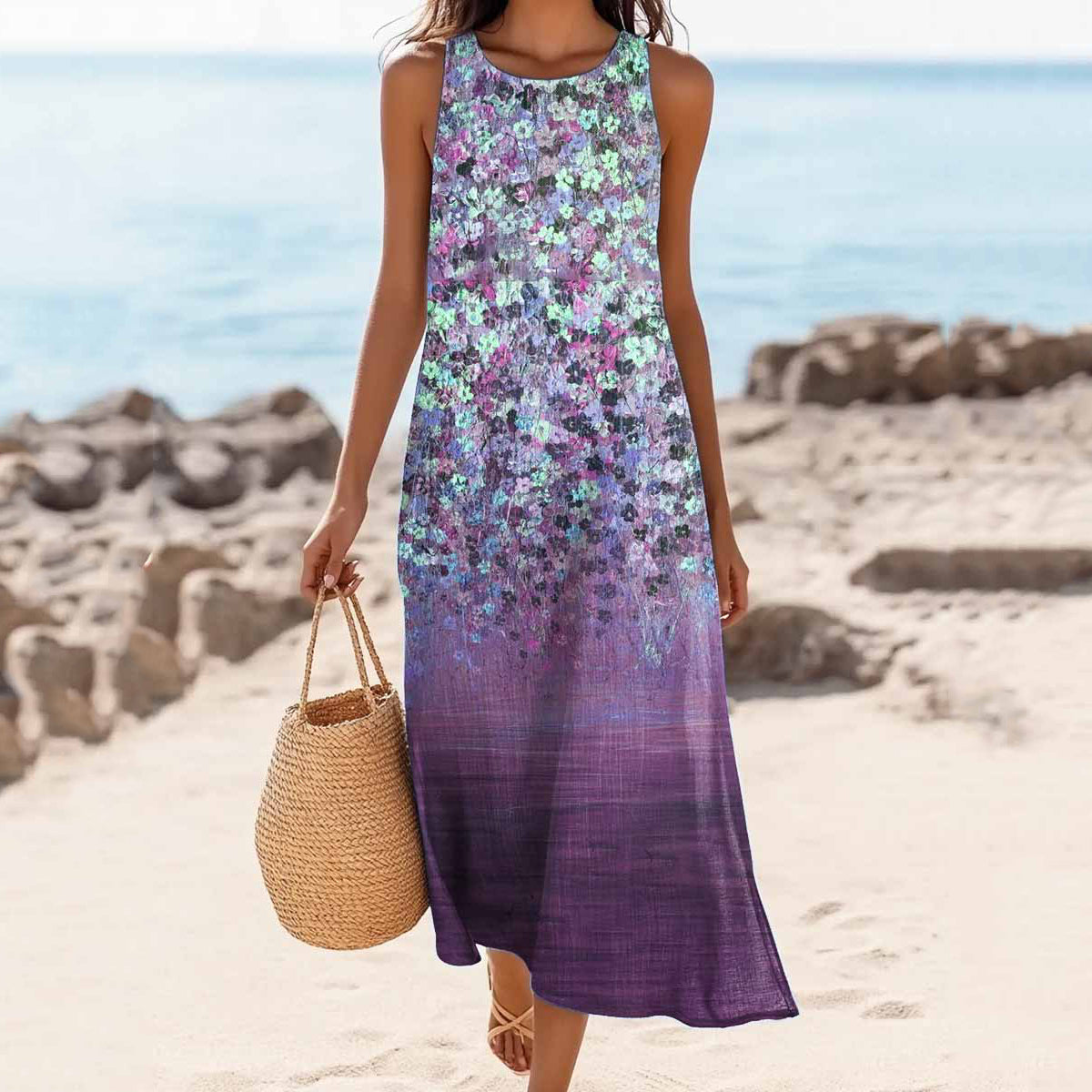Women's Purple Floral Art Print Sleeveless Dress artswardrobe