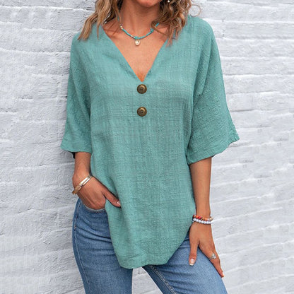Women's Solid Color Button Linen V-neck T-shirt artswardrobe