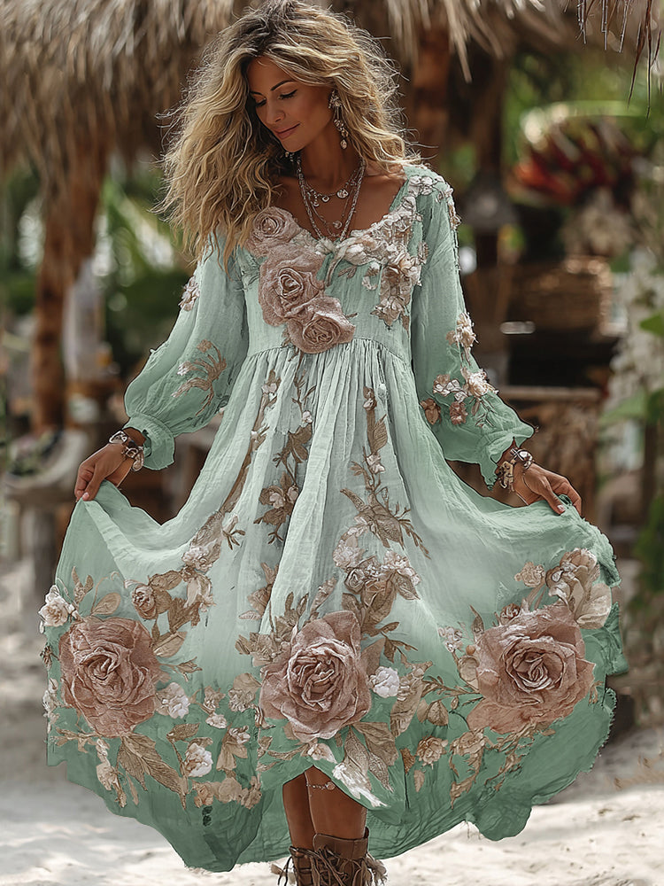 Women's Vintage Romantic White Rose Embroidery Art Comfy Linen Maxi Dress artswardrobe