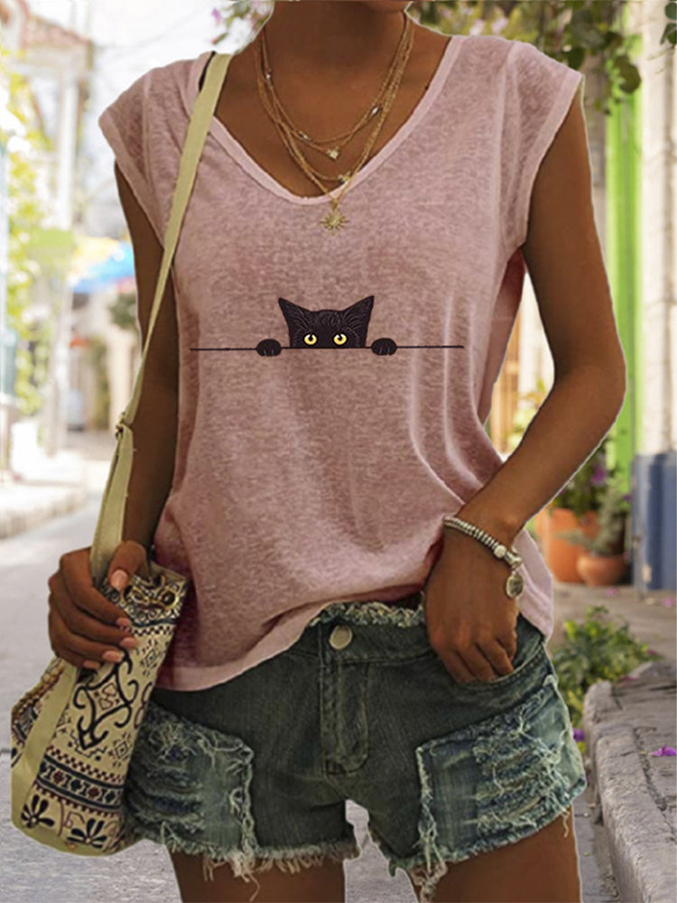 Comstylish Women's Casual Black Cat Print Vest