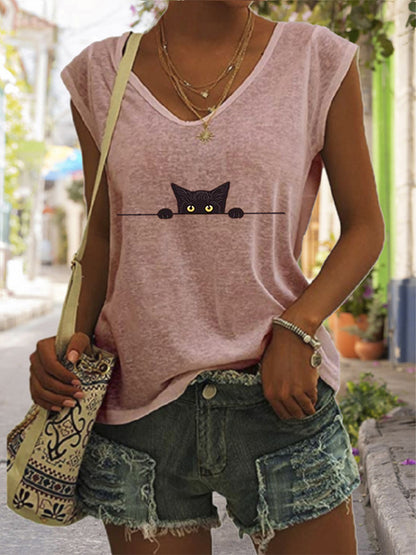 Comstylish Women's Casual Black Cat Print Vest