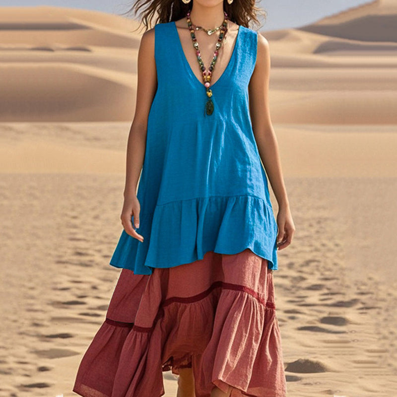 Women's Retro Casual Stitching Contrast Color Linen Sleeveless Dress artswardrobe