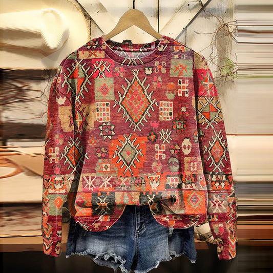 Comstylish Vintage Western Geometric Print Crew Neck Sweatshirt